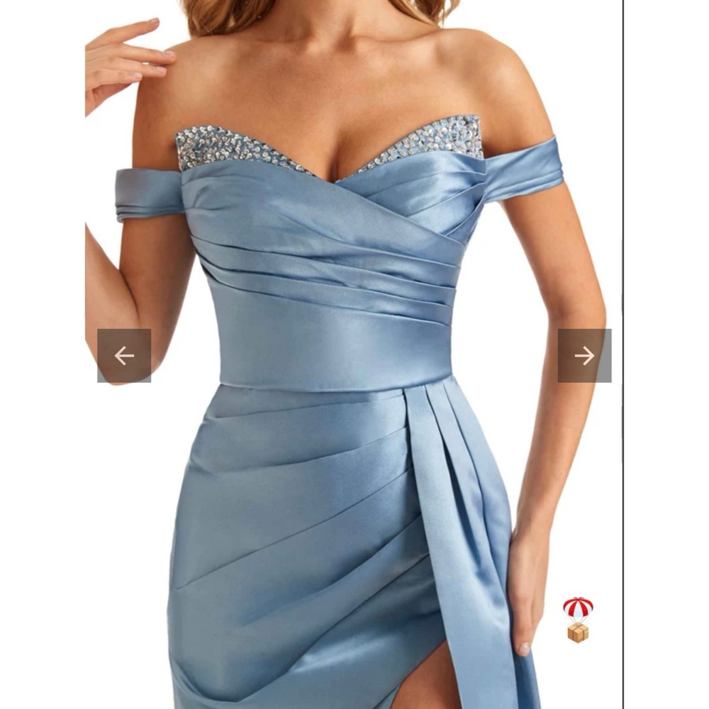 Blue Off-Shoulder Ruched Gown with Slit - Picture 2 of 3
